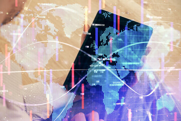 Double exposure of man's hands holding and using a phone and international business theme drawing.