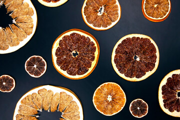 Dried slices of various citrus fruits. vitamin citrus fruits for healthy food