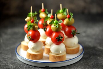Canapes of mozzarella, green olives, cherry tomatoes, parsley on croutons of white bread.