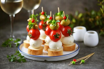 Canapes of mozzarella, green olives, cherry tomatoes, parsley on croutons of white bread.