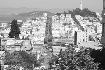 Typical San francisco street landscape, in black and white, monochrome, California, USA, United Sates, America.