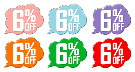 Set Sale 6% off speech bubble banners, discount tags design template, app icons, vector illustration