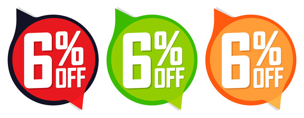 Set Sale 6% off speech bubble banners, discount tags design template, app icons, vector illustration