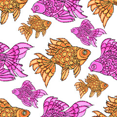 Colorful fish seamless pattern. Vector hand drawn design for background, paper, fabric, interior decor. Vector illustration.