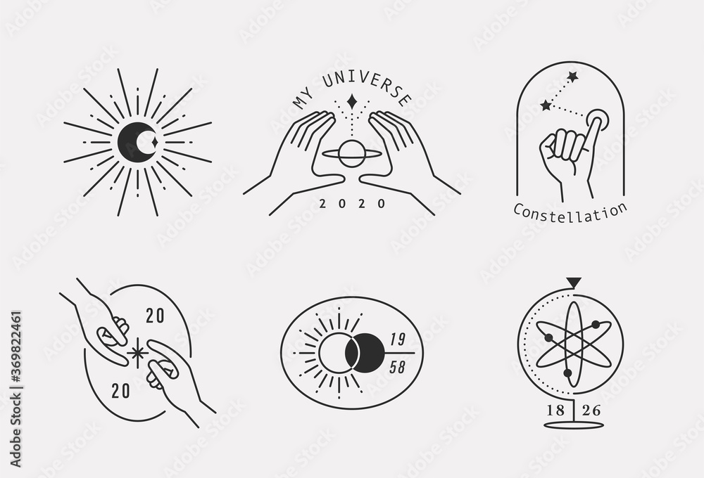 Poster hand and simple line symbol symbolizing space and science. flat design style minimal vector illustra