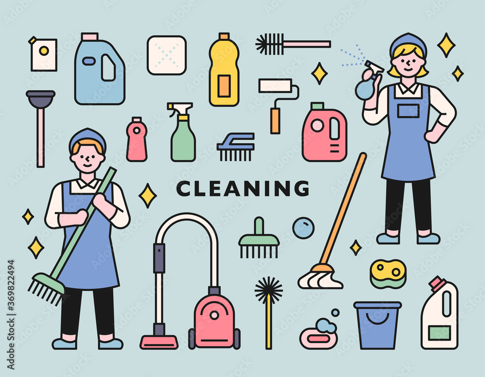 Poster cleaning character and various cleaning tools icon set. flat design style minimal vector illustratio