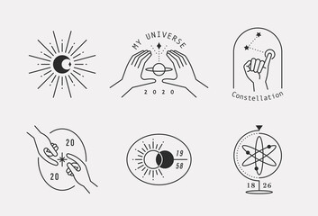 Hand and simple line symbol symbolizing space and science. flat design style minimal vector illustration.