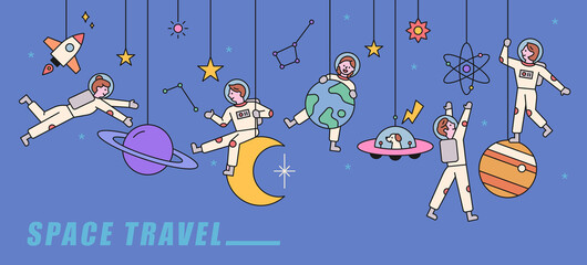 Several planets are adorned like mobiles, and astronauts are playing happily in them. flat design style minimal vector illustration. © MINIWIDE