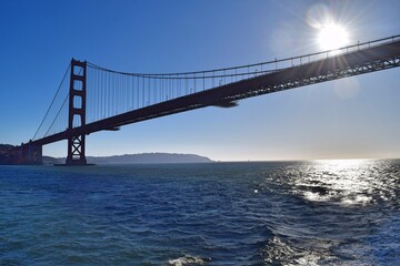 Silhouette of Golden Gate bridge against bright sun