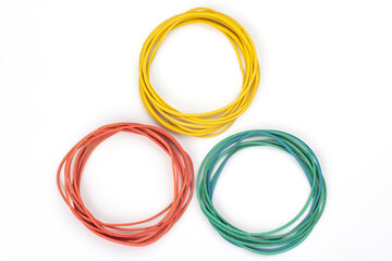 colored elastic rubber for banknotes on a white background. office and business items