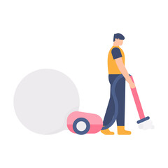 the concept of a maid, a cleaner, an office boy. illustration of a man using a vacuum cleaner. flat design. can be used for elements, landing pages, UI, websites