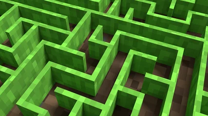 Fotobehang Video game geometric mosaic maze. Construction of hills landscape using brown and green grass blocks. 3D rendering illustration © MIKHAIL