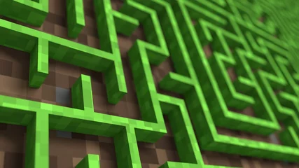 Fototapete Rund Minecraft Video game geometric mosaic maze. Construction of hills landscape using brown and green grass blocks. 3D rendering illustration  © MIKHAIL