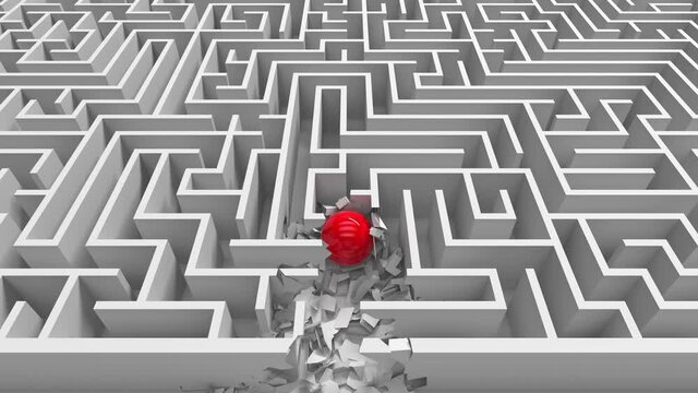 Red ball in white maze. The concept of solving complex business problems or training. Overcoming obstacles and difficulties. Obstinacy and determination. The road to success. Protest. 4K 3d animation