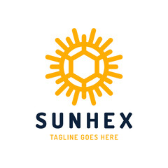Abstract stylized summer sun with hexagon icon logotype. Vector logo template