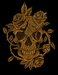 Illustration vector skull head with rose flower vintage on black background.