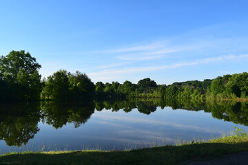 Fototapeta premium Quiet summer landscape with blue sky and reflection of lush green trees in still water