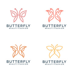 Fototapeta na wymiar Minimalist butterfly line art monogram shape logo and business card