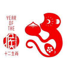 Chinese paper cut zodiac  with Chinese character "monkey". Vector illustration