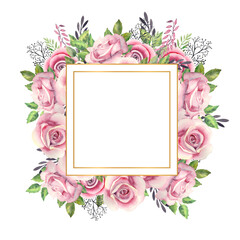 Pink rose flowers, green leaves, berries in a gold geometric frame. Wedding concept with flowers. Watercolor compositions for the decoration of greeting cards or invitations