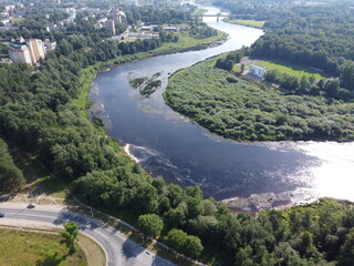 top view, river flows, aerial photography