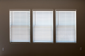 Three windows with closed modern white wood faux window blinds as background.