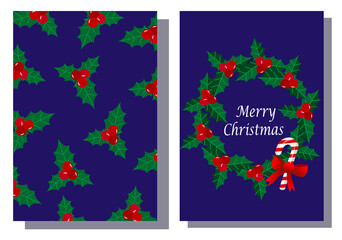 Obraz na płótnie Canvas Template set of two cards Merry Christmas and Happy New Year. Holly berry wreath. Vector illustration on a blue background. For congratulations, packaging, invitations.