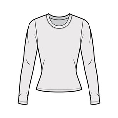 Crew neck jersey sweater technical fashion illustration with long sleeves, close-fitting shape. Flat outwear apparel template front, grey color. Women men, unisex shirt top CAD mockup