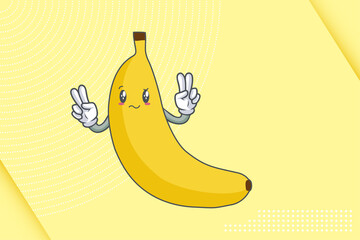 REALLY, ATTENTIVE, CONFUSED Face Emotion. Double Peace Hand Gesture. Banana Fruit Cartoon Drawing Mascot Illustration.