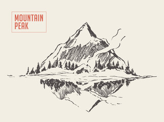 Beautiful cozy house lake mountain vector sketch