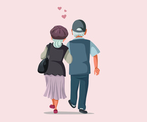 Old Couple in Love Walking Together Vector Illustration