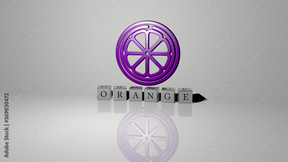 Poster 3d graphical image of orange vertically along with text built by metallic cubic letters from the top