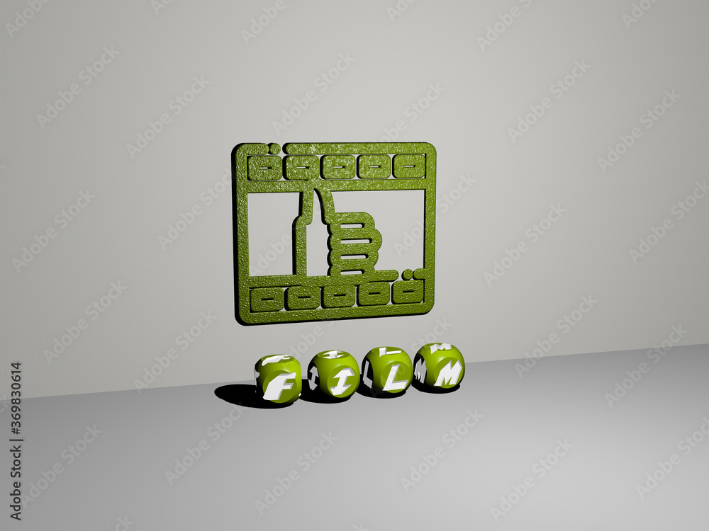 Aufkleber 3d graphical image of film vertically along with text built by metallic cubic letters from the top p