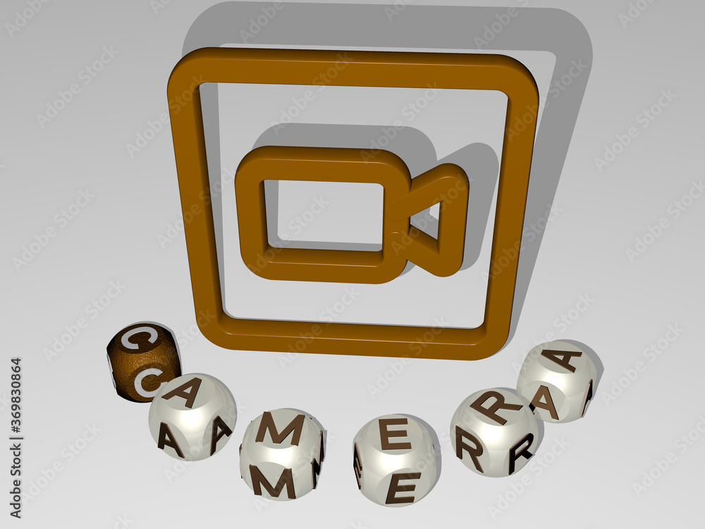 Poster 3d illustration of camera graphics and text around the icon made by metallic dice letters for the re