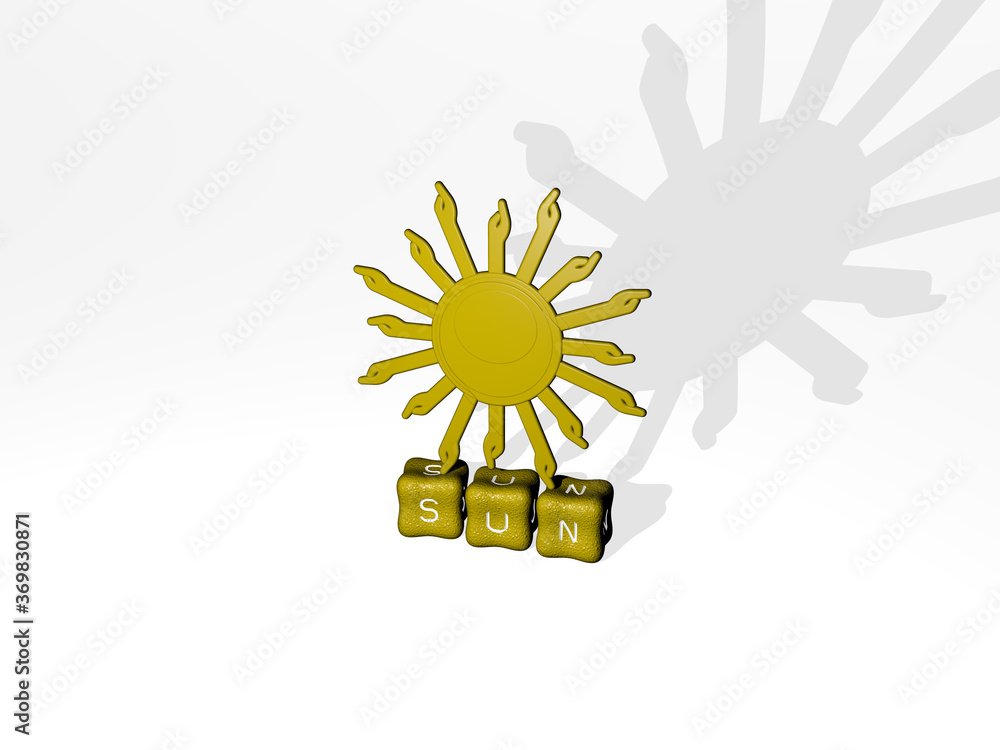 Poster 3d representation of sun with icon on the wall and text arranged by metallic cubic letters on a mirr