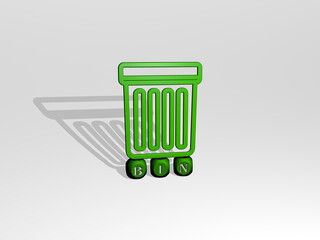 3D graphical image of bin vertically along with text built by metallic cubic letters from the top perspective, excellent for the concept presentation and slideshows. illustration and garbage