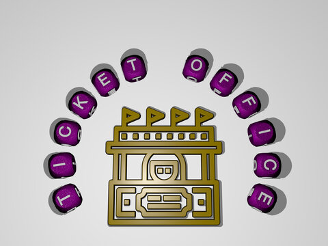 3D illustration of TICKET OFFICE graphics and text around the icon made by metallic dice letters for the related meanings of the concept and presentations. background and design