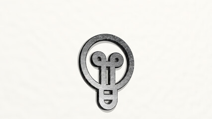 LIGHT BULB made by 3D illustration of a shiny metallic sculpture on a wall with light background. abstract and blue