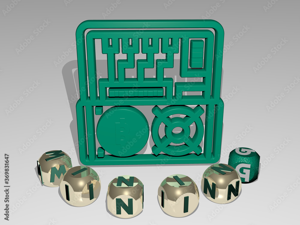 Poster 3d illustration of mining graphics and text around the icon made by metallic dice letters for the re