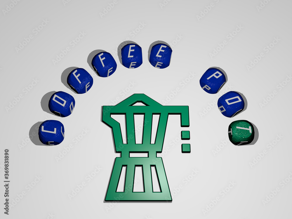 Poster 3d graphical image of coffee pot vertically along with text built around the icon by metallic cubic 
