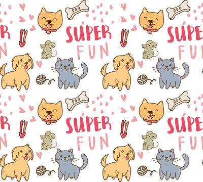 cute pets with cat and dog seamless pattern vector illustration