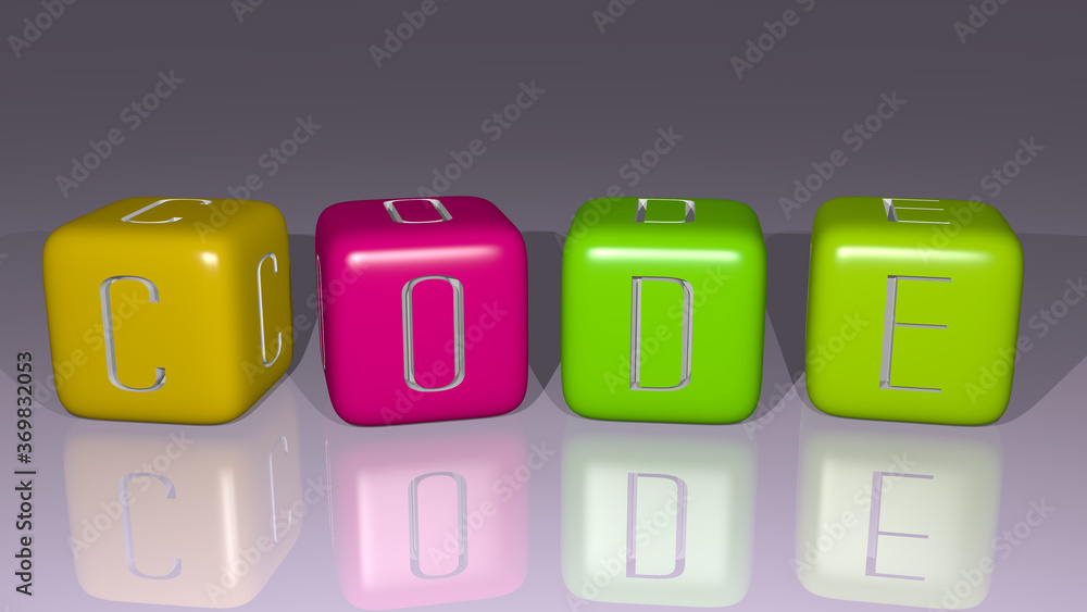 Poster code arranged by cubic letters on a mirror floor, ideal for concept meaning and presentations. illus