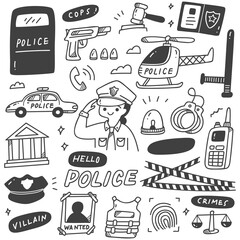 Cute Police Woman and Related Objects in Doodle Style © mhatzapa