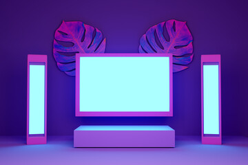 Podium with geometric shapes empty in purple or violet composition for modern stage display and minimalist mockup ,abstract showcase background ,Concept 3d illustration or 3d render