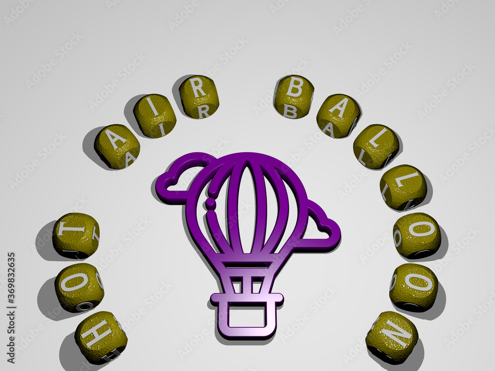 Poster 3d representation of hot air balloon with icon on the wall and text arranged by metallic cubic lette