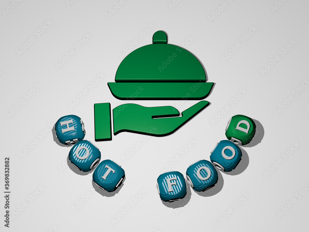 Poster 3d representation of hot food with icon on the wall and text arranged by metallic cubic letters on a