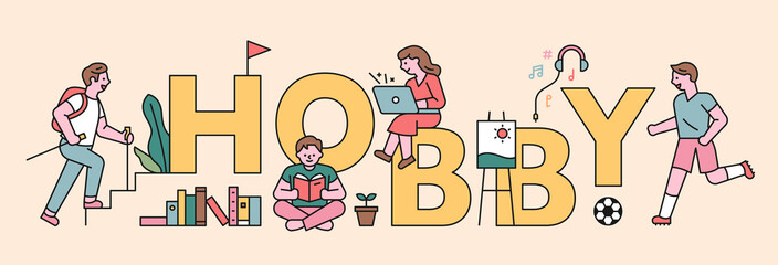 People and hobby icons around the giant letters'HOBBY'. flat design style minimal vector illustration.