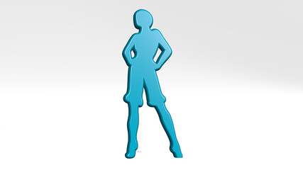 girl stand with shadow. 3D illustration of metallic sculpture over a white background with mild texture. beautiful and woman