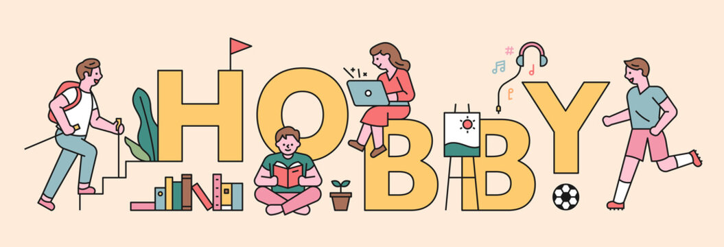 People and hobby icons around the giant letters'HOBBY'. flat design style minimal vector illustration.