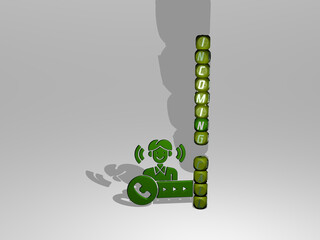 3D illustration of incoming call graphics and text around the icon made by metallic dice letters for the related meanings of the concept and presentations. communication and phone